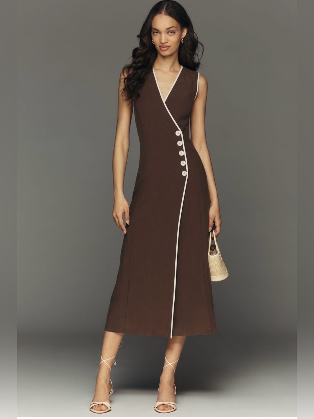 Anthropologie the Mare Mare Linen Asymmetric Button Midi Dress in Brown, size S.